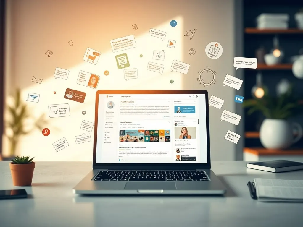 A laptop on a desk surrounded by floating notification bubbles and social icons